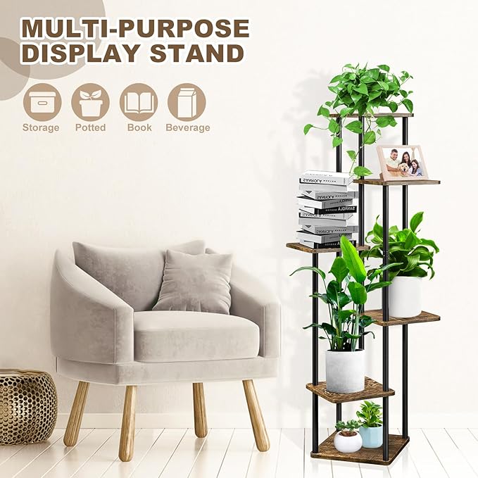 6 Tier Wood Tall Plant Stand Metal Rack Indoor, Multiple Flower Pot Holder Shelves Corner Rack, Planter Shelf Display Rack Storage Organizer for Patio Living Room Balcony Garden(Black)