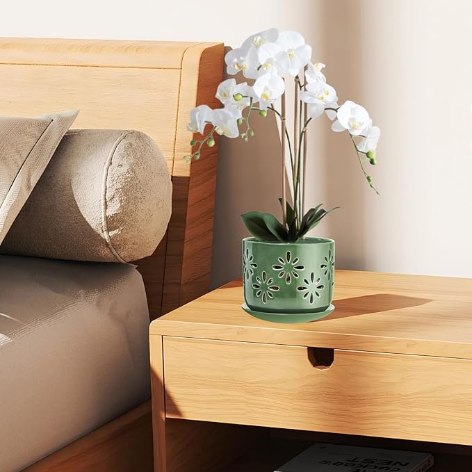 6+5 Inch Orchid Pots with Holes, Ceramic Orchid Pots, Orchid Pots for Repotting,Healthy Air Circulation Plant Pots for Plant Lovers,Planters for Indoor Plants -2 Pack