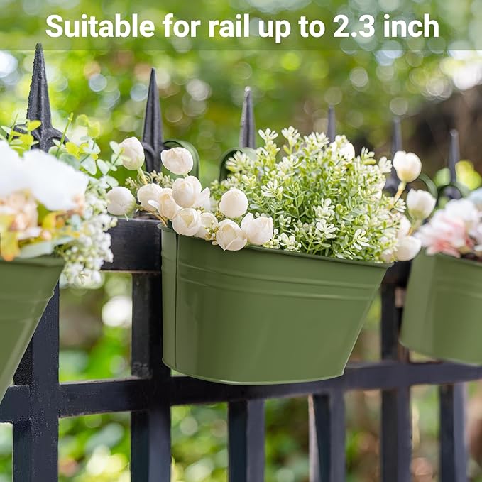 Dahey Metal Iron Hanging Flower Pots for Railing Fence Hanging Bucket Pots Countryside Style Outdoor Planter Window Flower Plant Holder with Detachable Hooks Home Decor,Green,3 Pcs