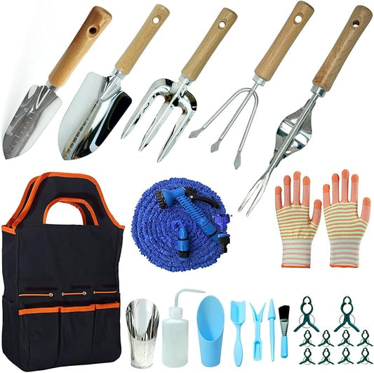 Garden Tools Set 25 Piece, Succulent Tools Set Included, Heavy Duty Stainless Steel Gardening Tools,Ergonomic Handle Tools,Storage Tote Bag,295 inch Flexible Water Pipe,Ideal Gifts for Women