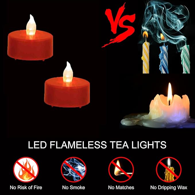 Tea Light Candles with Remote Control,50pack Flickering Flameless LED Candle,Long Lasting 400+Hours,Battery Operated with Timer for Home Decoration Seasonal &Festival Celebration Red