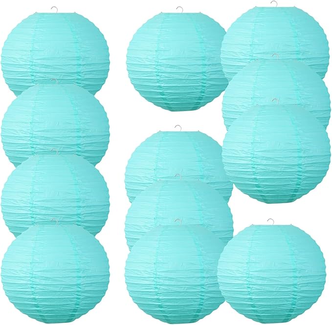 Chinese Style Paper Lanterns, Set of 12, Suitable for Party Decoration (Light Blue, 12in)