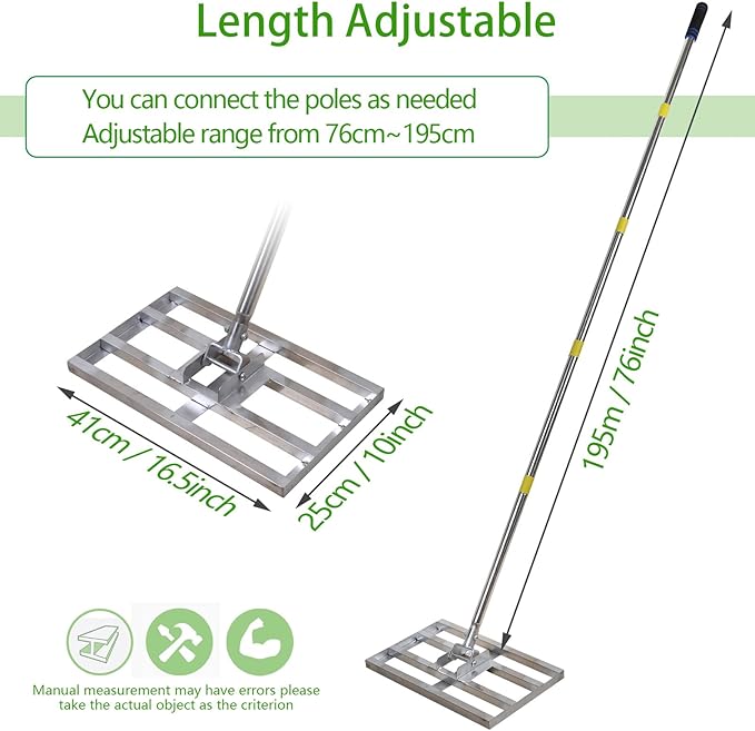 Scalebeard Lawn Leveling Rake,6FT 17 X10In Lawn Leveling Tool, Effort Saving & Adjustable Handle Heavy Duty Lawn Leveler for Yard Garden Golf Course Dirt Leveler