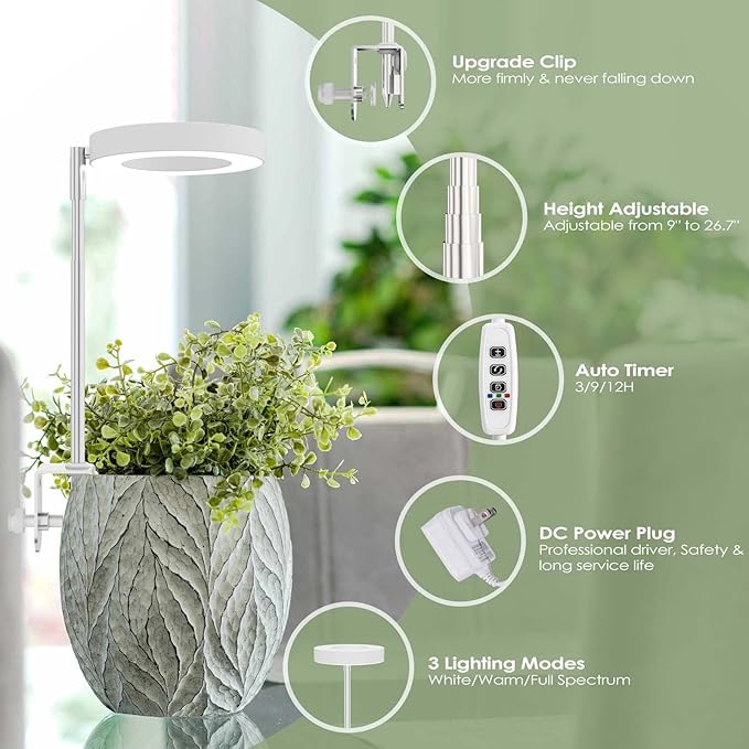Grow Lights for Indoor Plants, Full Spectrum LED Clip Plant Lights, Height Adjustable and 3 Modes, 3/9/12h Automatic Timer, 10 Dimmable Brightness, Mini Halo Grow Lights for Small Plants