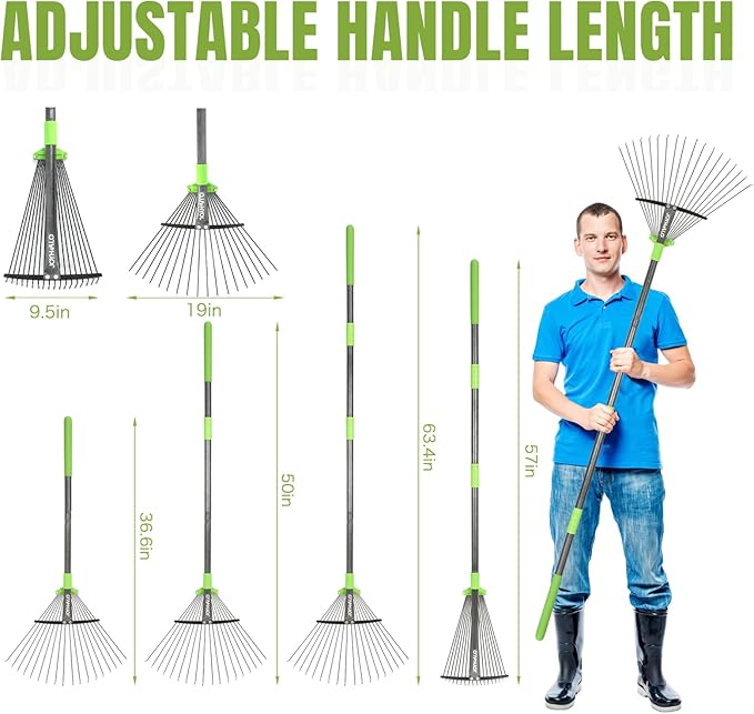 JOYHALO 63.4 inch Rake for Leaves - Adjustable, 18 Tines Metal Garden Rake with Detachable Handle, Lightweight Leaf Rakes for Gardening and Flower Bed