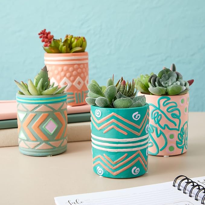 Bright Creations - Themed Designs, Unpainted Flower Pots with Drainage Holes, Rubber Plugs, and Small Sticker Pads (3x3x4 inches, White) - Set of 4