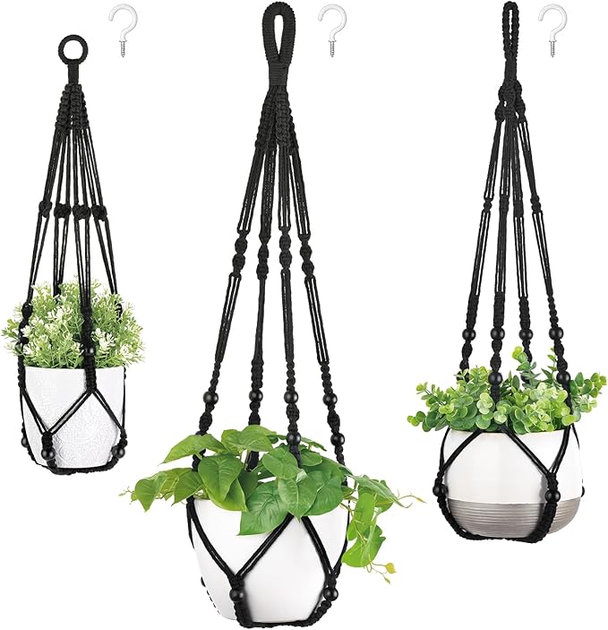 Mkono 3 Pack Macrame Plant Hangers Indoor Different Size Hanging Planter Basket Flower Pot Holder with Beads No Tassels 35"/29"/23", Medium, Black