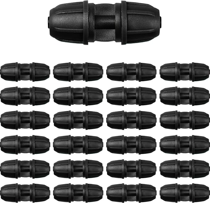 JAYEE 1/4 Inch Drip Irrigation Fittings Barbed Coupling Connectors, 25 Pcs Drip Line Parts for for ¼ In. Tubing, Irrigation Coupler with Locked Nuts for Trees, Shrubs, Sprinkler Systems, Black