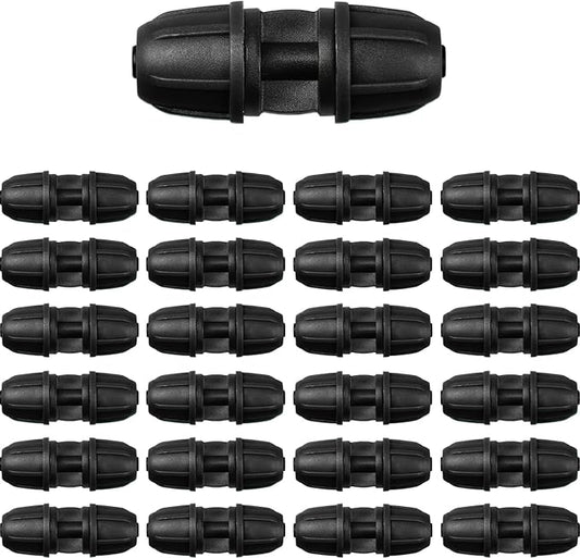 JAYEE 1/4 Inch Drip Irrigation Fittings Barbed Coupling Connectors, 25 Pcs Drip Line Parts for for ¼ In. Tubing, Irrigation Coupler with Locked Nuts for Trees, Shrubs, Sprinkler Systems, Black
