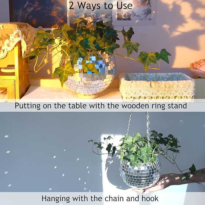 2Pcs Disco Ball Planter, 6"/8" Disco Planter with Hanging Chain & Hook & Ring Stand, Disco Ball Plant Hangers for Indoor and Outdoor Plants, Hanging Plant Holder (2Pcs 6", Silver)