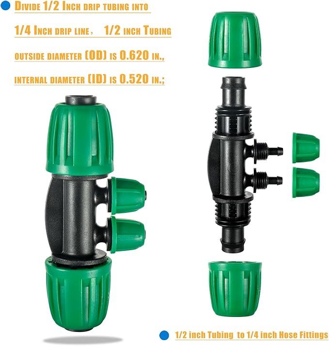 10 Pcs Barbed Tee 1/2 inch Tubing (1/2" ID x0.6-0.63" OD) 16mm to 1/4 inch Irrigation Tube Anti-Drop Quality Fitting (Fits 13mm ID / 4mm ID) (4-Way Lock Buckle Green)