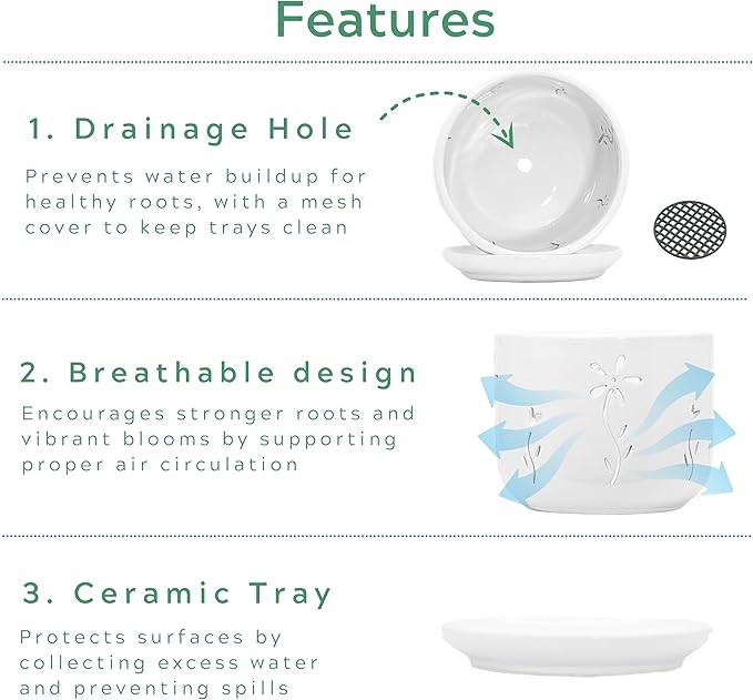 Set of 2 White Orchid Pots with Holes and Saucer, 5 + 6 Inch Ceramic Orchid Planters for Repotting with Drainage Holes and Tray, Plant Flower Pot containers for Orchid Indoor Outdoor