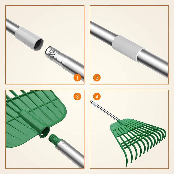 Gardzen 12 Tines Gardening Leaf Rake, Lightweight Steel Handle, Detachable, Ideal Camp Rake, Comes with Dustpan-Type Garden Bag