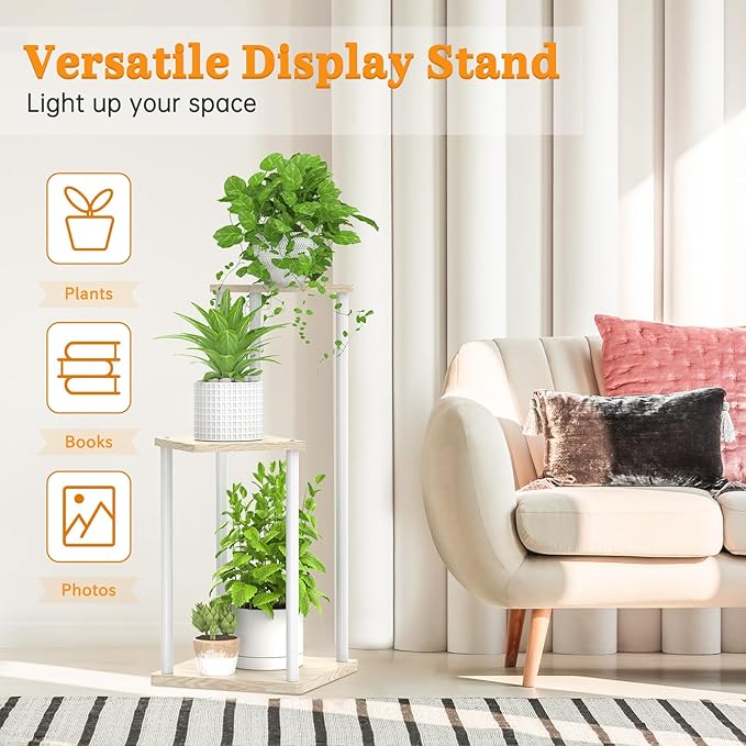 3 Tier Plant Stand Indoor Outdoor, Metal Wood Tiered Corner Plant Stands Pot Holder, Wood Flower Shelf Display Rack for Living Room Bedroom Balcony Garden Patio, White (3 tier)