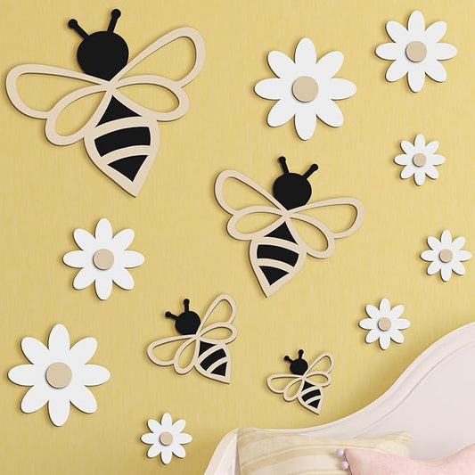12 Pieces Wooden Bee Decor Farmhouse Honey Bee Daisy Wall Art Hanging Floral Wall Sign for Nursery Indoor Outdoor Garden Yard Kitchen