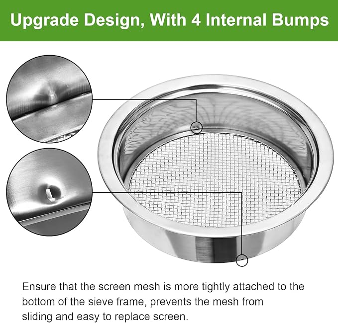 Soil Sieve Sifter Set Stainless Steel,Garden Sieve Set with 3 Interchangeable Mesh 1,3,5mm,Sifting Screen for Dirt, Sand, Rock, Filtration, Compost, with Soil Scoops Gardening Tool