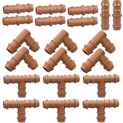 Irrigation Fittings Kit for 1/2"(.600" ID) Tubing,20 Pieces Set-8 Couplings, 6 Tees,6 Elbows - Barbed Connectors for Drip or Sprinkler Systems