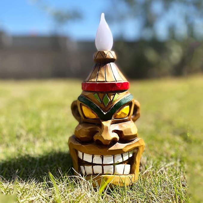 Outdoor Solar Tiki Statue Decor-Tiki Bar Decoration-Torch Tiki Head Statues Outdoor Decorations for Garden,Patio,Yard,Backyard,Lawn,Garden Gift,Garden Tiki Figurine 8.74 Inch Tall