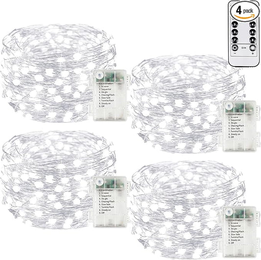4Pack 80Ft 240LED Fairy Lights Battery Operated with Remote, Waterproof String Lights with Timer for Indoor & Outdoor, Twinkle Lights Battery Powered for Bedroom Christmas Decorations (Cool White)