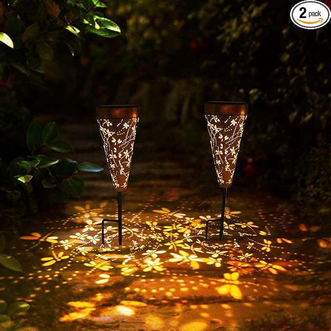 2 Pack DIBIEECN Dragonfly Solar Pathway Lights Outdoor,Metal Garden Decorations Outdoor Lights with Patterns and Warm Light,Waterproof Landscape Lighting for Path Patio Backyard Walkway Yard
