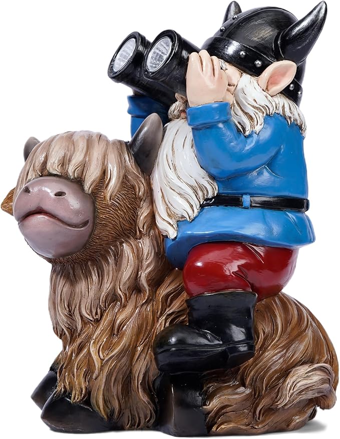 Tolimi Garden Gnome Sitting on Highland Cow Outdoor Statue wiht Solar LED Light Funny Decoration for Yard and Patio Gifts (Gnome)