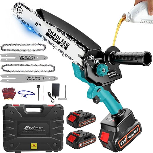 Mini Chainsaw Cordless, 8 inch & 6 inch Electric Chain Saw with 2 Pack Rechargeable Batteries, Battery Powered Handheld Saw for Trees Trimming Wood Cutting, Perfect Gardening Tools for Men Dad Husband