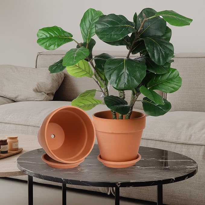INGOFIN Terracotta Pot with Saucer - 12 Inch Ceramic Clay Pot for Plants with Drainage Hole, Terra Cotta Pot with Tray for Indoor Outdoor Plants