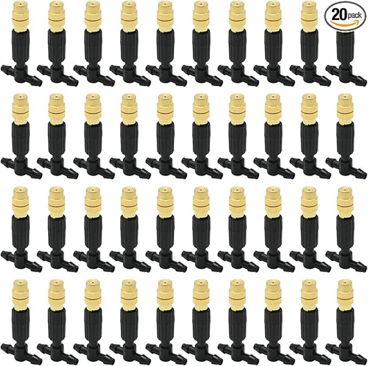3-Way Atomizing Nozzle with Drip Irrigation Connector Irrigation Nozzle for 1/4-inch Drip Tubing Brass Misting Nozzles Tees for Gardens, Irrigation, Greenhouses, Lawns (20 PCS)