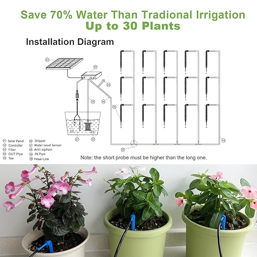 Lewisia 10W Solar Automatic Drip Irrigation Kit Auto Watering System Solar Powered Auto-Irrigation Set for Garden Raised Beds Patio Lawn Greenhouse Potted Plants Up to 50 Plants