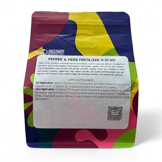 Greenway Biotech Pepper & Herb Fertilizer 11-11-40 Powder with Micronutrients and Trace Minerals- 100% Water Soluble Fertilizers (1 Pound Makes 200 Gallons)