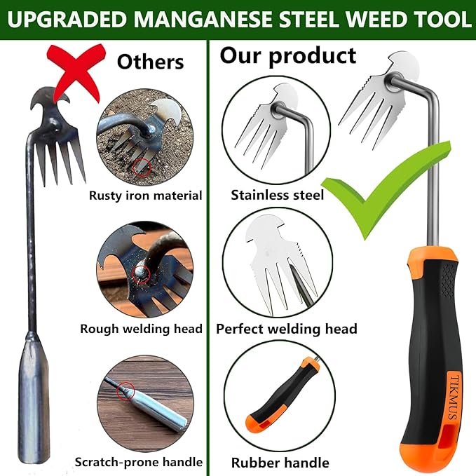 Weed Puller Tool, Weeding Artifact Uprooting Weeding Tool with Rubber Handle, Weeding Tools Gardening of 4 Teeth Manganese Stainless Steel, Weed Remover Tool with Gloves for Yard and Farm (Sliver)