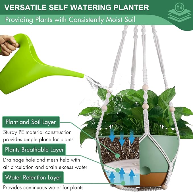Set of 2-10 Inch Hanging Planters for Indoor Plants with Self-Watering Includes Hanging Pots for Plants, Outdoor Hanging Plant Pot with Drainage, and 2 Types of Hanging Baskets Hangers (Green, 10inch)