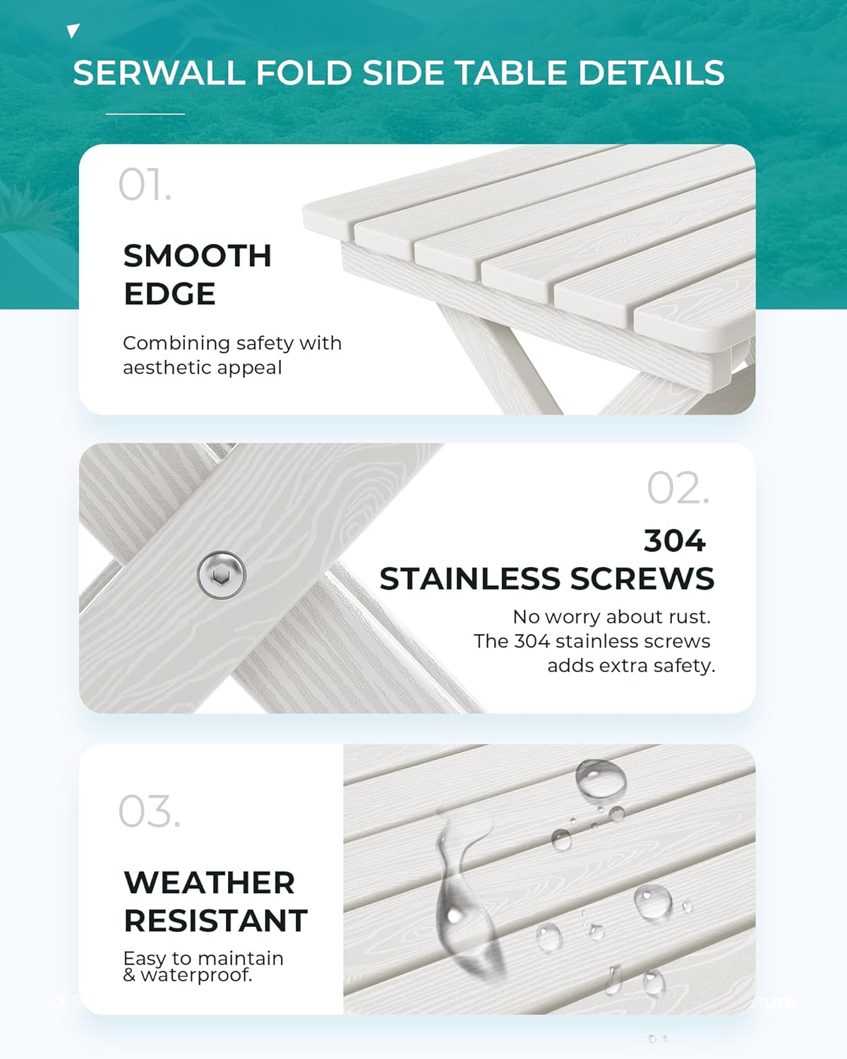 SERWALL Portable Folding Adirondack Side Table, HDPE Small Outdoor End Table, No Assembly Required, Weather-Resistant, 110 lbs Capacity, White