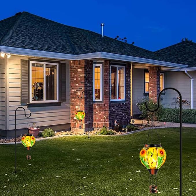 Hanging Hot Air Balloon Solar Lantern, Dragonfly Solar Power Hot Air Balloon Lantern Outdoor Waterproof, Glass Hanging Light for Outdoor Patio Garden Decor