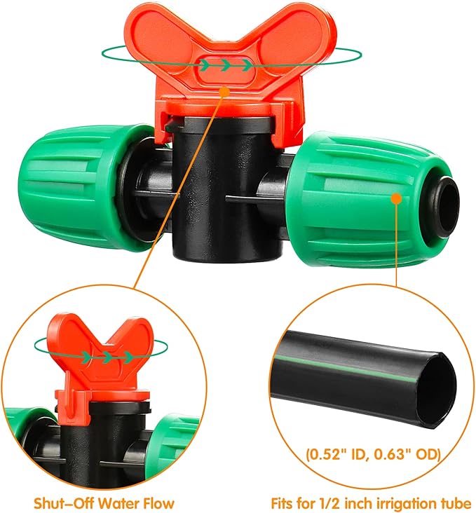 1/2 Inch Drip Irrigation Valve, 10 Pcs 1/2" In-Line Barbed Locked Switch Valves For 1/2 Inch Drip Tubing (0.60"-0.63" OD), 1/2 in. Shut Off On Valve Drip Line Parts For Garden Sprinkler Systems