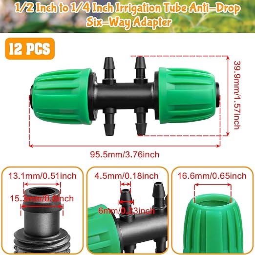 Barbed Tee 1/2 Inch to 1/4 Inch Irrigation Tubing: Locked Barbed Reducing Tee 6-Way Adapter Anti-Drop Irrigation Fittings for Splitting 1/2" to 1/4" Drip Line System Parts (12 Pack)