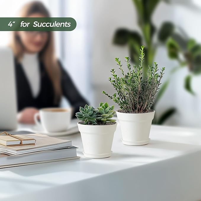 T4U 4 Inch Plant Pots 18-Pack - Small Plastic Planter with Drainage Hole and Saucer, Decorative Nursery Flower Pot Bulk for African Violet, Snake Plant, Succulent and All House Plants Indoor