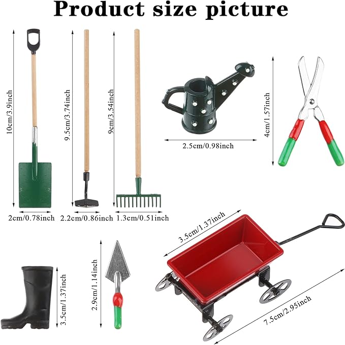 Miniature Fairy Garden Accessories Set 9 Pcs 1:12 Mini Metal Spade Pestle Kettle Wagon Rake Garden Watering Supplies Micro Landscape Ornaments Dollhouse Accessories