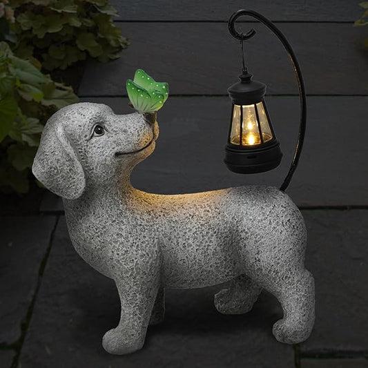 Solar Garden Outdoor Statues Dog with Butterfly Solar Lantern, Lawn Decor Puppy Figurine for Patio Balcony Yard, Yard Unique Christmas Birthdays Gift for Mom Grandma