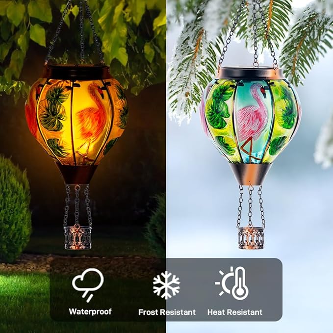 Starsoul Flamingo + Hummingbird Solar Lantern Solar Hot Air Balloon Flickering Flame Hanging Garden Light Stained Glass & Metal Outdoor Lantern Waterproof Hummingbird Hanging Lantern