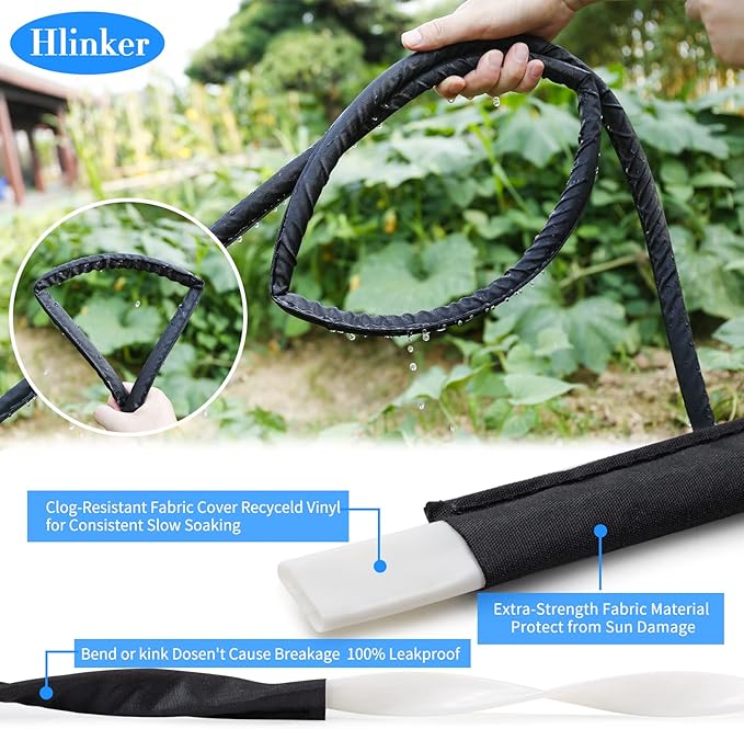 Flat Soaker Hose 25 50 FT for Garden Beds, 50Ft (25FT X 2) 1/2" Linkable Consistent Drip Irrigation Hose Save 80% Water, Leakproof Heavy Duty Double Layer Sprinkler Hose