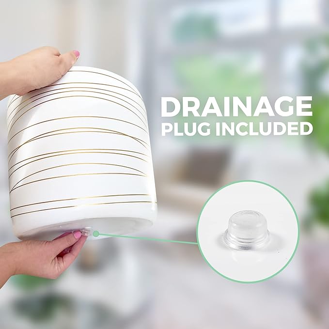 Willowy 12 Inch Ceramic Pot - Matte White with Metallic Gold Stripes - Drainage Plug Included