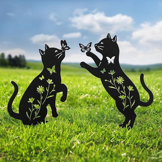Metal Cat Garden Decor for Outside,Set of 2 Black Cat Silhouette Garden Stakes,Cat Yard Decor Outdoor