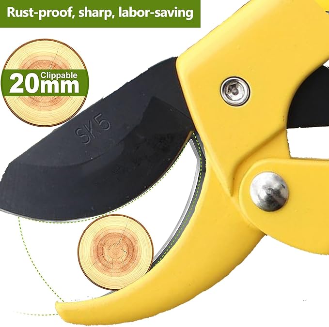 Premium 8 inch garden clippers, 3 Times Easy to Work, Arthritis Weak Hand Snips (Pulley lever -pruners- Yellow)