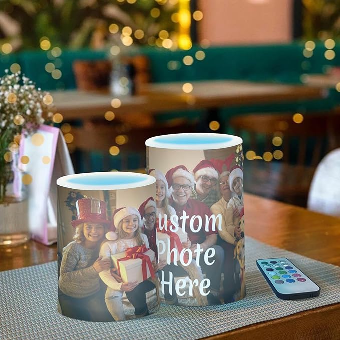 Personalized Flickering Flameless Candles, Custom Photo LED Candles Set of 2, Remote Timer Battery Operated Candle for Valentine Wedding Birthday