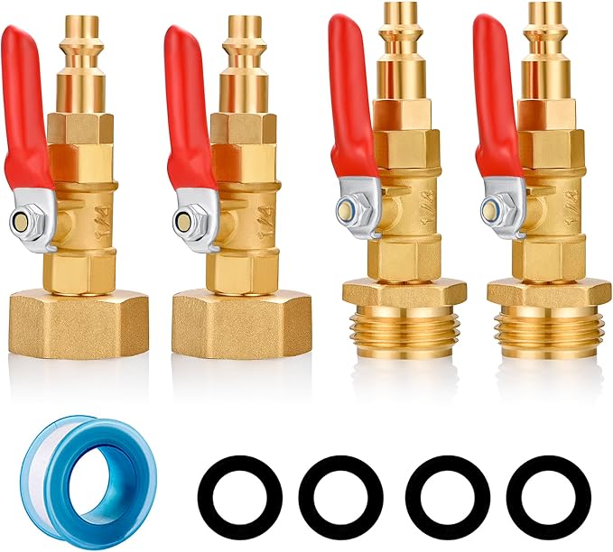 RV Winterize Blowout Adapter with 1/4" Quick Connect Plug and 3/4" Garden Water Hose Threading with Valve for Boat Camper Trailer Sprinkler Systems Irrigation Kit Fitting (4 Pack)