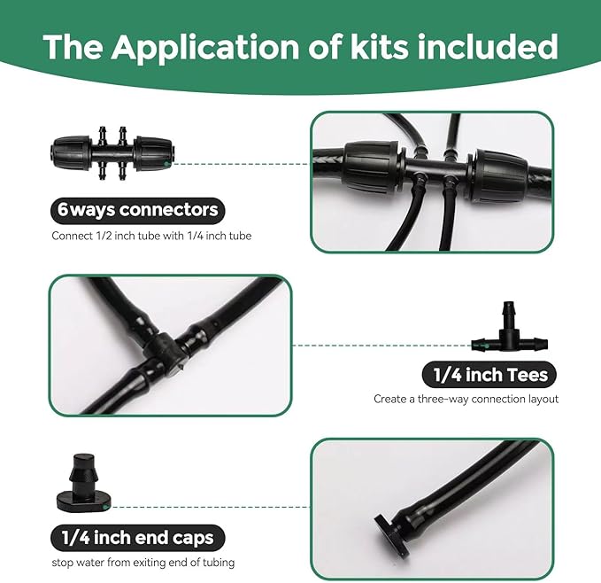 100FT 1/4 inch Drip Irrigation Tubing Distribution Hose Tube for Garden Irrigation System (Includes 1 pack 6-Way Connector and 20pcs 1/4" Tee Splitters and End Plugs)