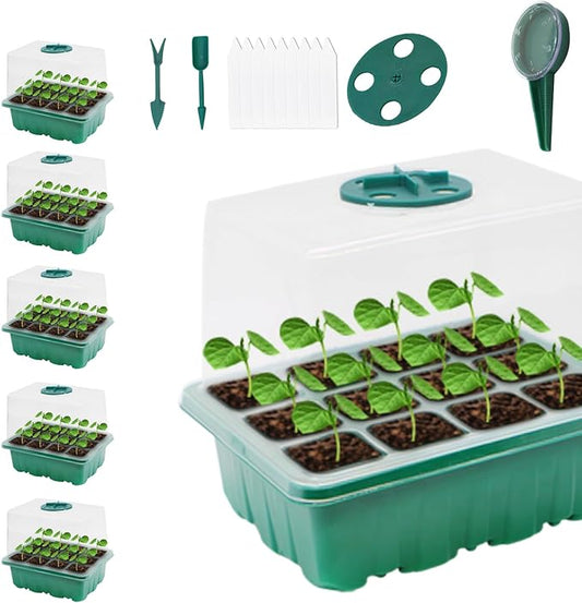 Seed Starter Tray, 5PCS Seed Starter Kit with Humidity Dome, Seedling Starter Tray 60 Cells Total, Mini Greenhouse for Indoor Plants, Indoor Germination Kit (Seed Starter Tray)