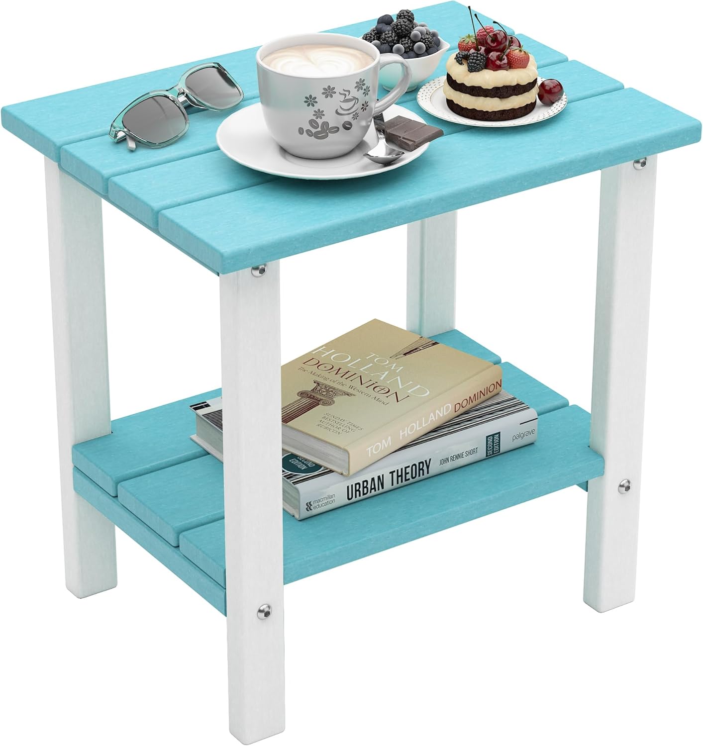 Outdoor Side Table, 16 Inch Square Patio Table, All Weather Porch Table for Balcony, Backyard, Lawn, Indoor Outdoor Companion (Aruba Blue & White)