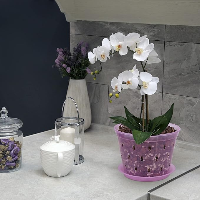 Orchid Pot, 6.7 Inch 8 Pack Orchid Pots with Holes and Saucers,Plastic Orchid Planter - Rose Quartz